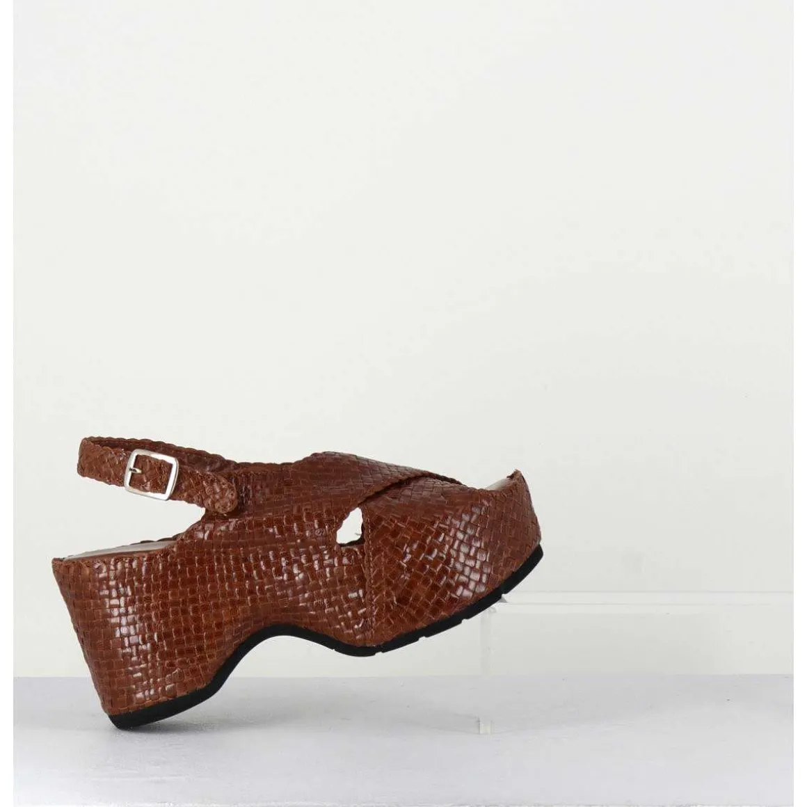 Sandales Compensees En Cuir Tresse Marron - Como23 Brown