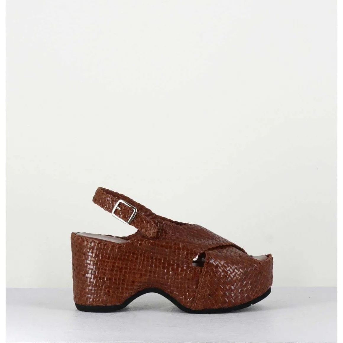 Sandales Compensees En Cuir Tresse Marron - Como23 Brown