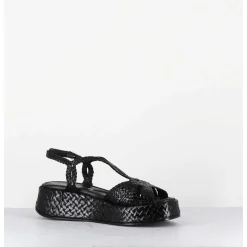 Sandales Compensees En Cuir Tresse Noir - Kati24 Nero