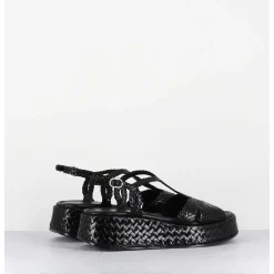 Sandales Compensees En Cuir Tresse Noir - Kati24 Nero