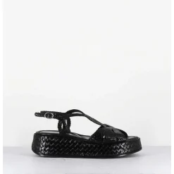 Sandales Compensees En Cuir Tresse Noir - Kati24 Nero