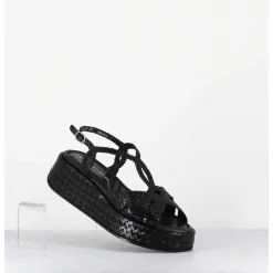 Sandales Compensees En Cuir Tresse Noir - Kati24 Nero
