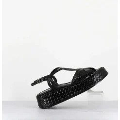 Sandales Compensees En Cuir Tresse Noir - Kati24 Nero