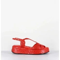 Sandales Compensees En Cuir Tresse Corail - Kati24 Mandarina