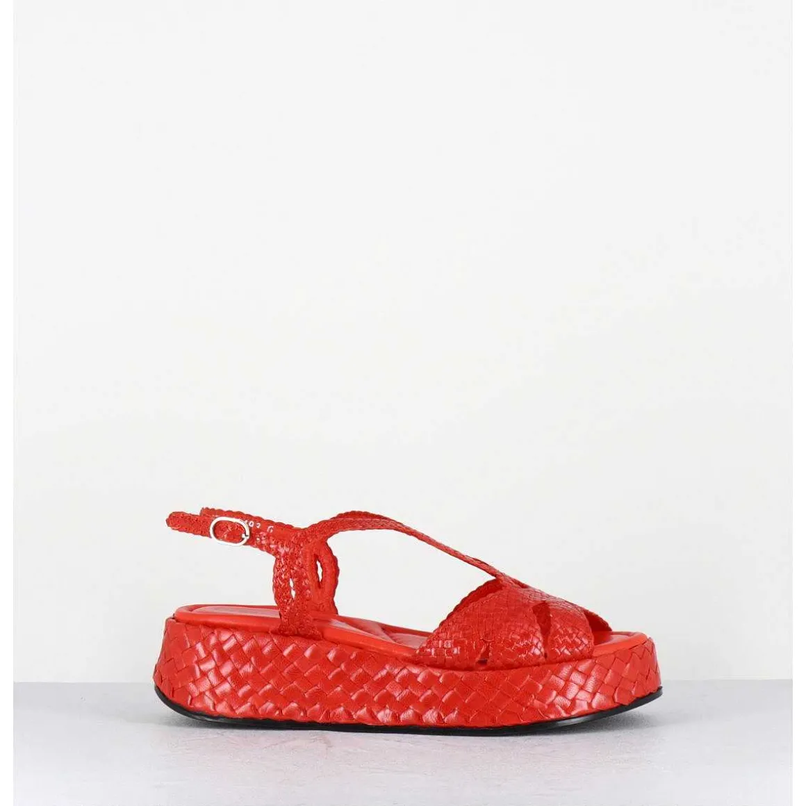 Sandales Compensees En Cuir Tresse Corail - Kati24 Mandarina