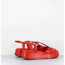 Sandales Compensees En Cuir Tresse Corail - Kati24 Mandarina
