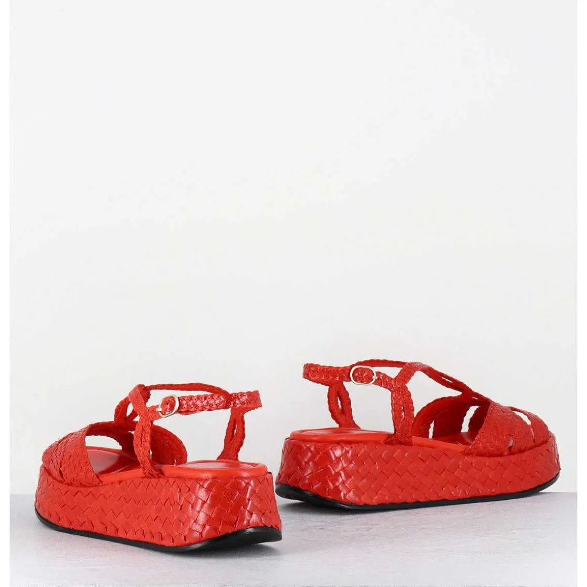 Sandales Compensees En Cuir Tresse Corail - Kati24 Mandarina
