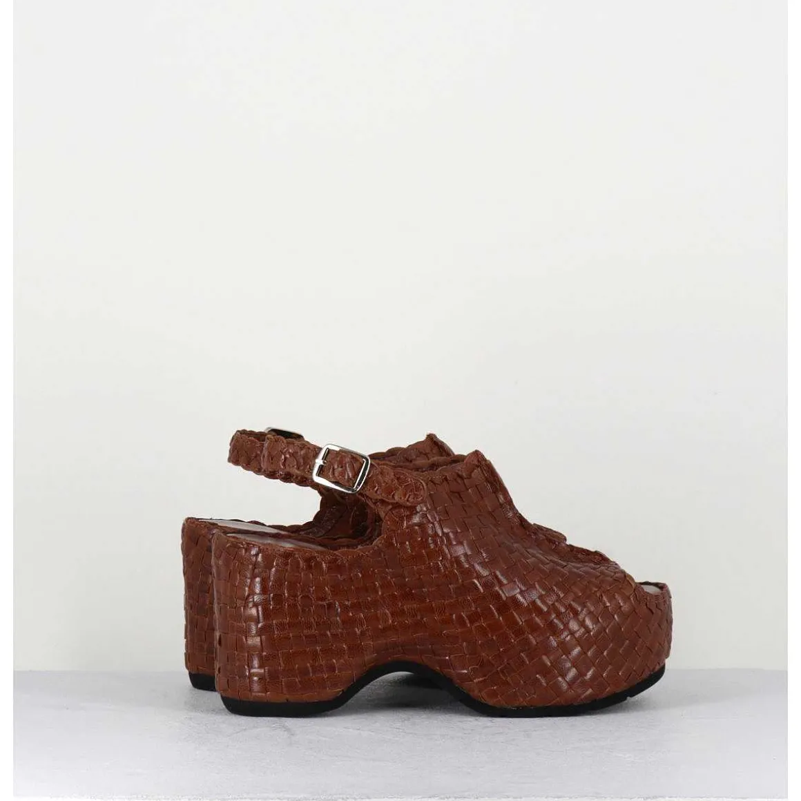 Sandales Compensees En Cuir Marron Tresse - Posi23 Brown