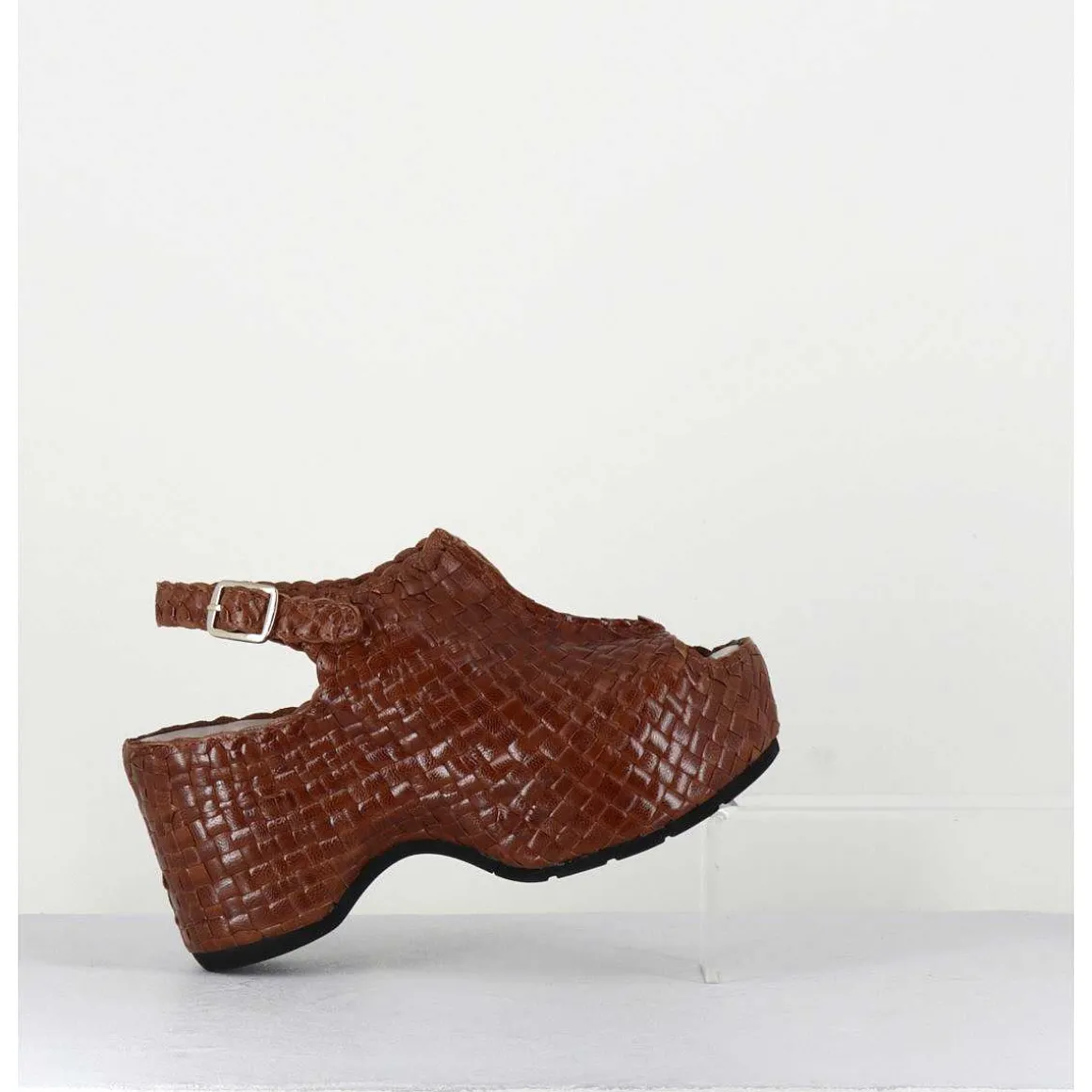 Sandales Compensees En Cuir Marron Tresse - Posi23 Brown