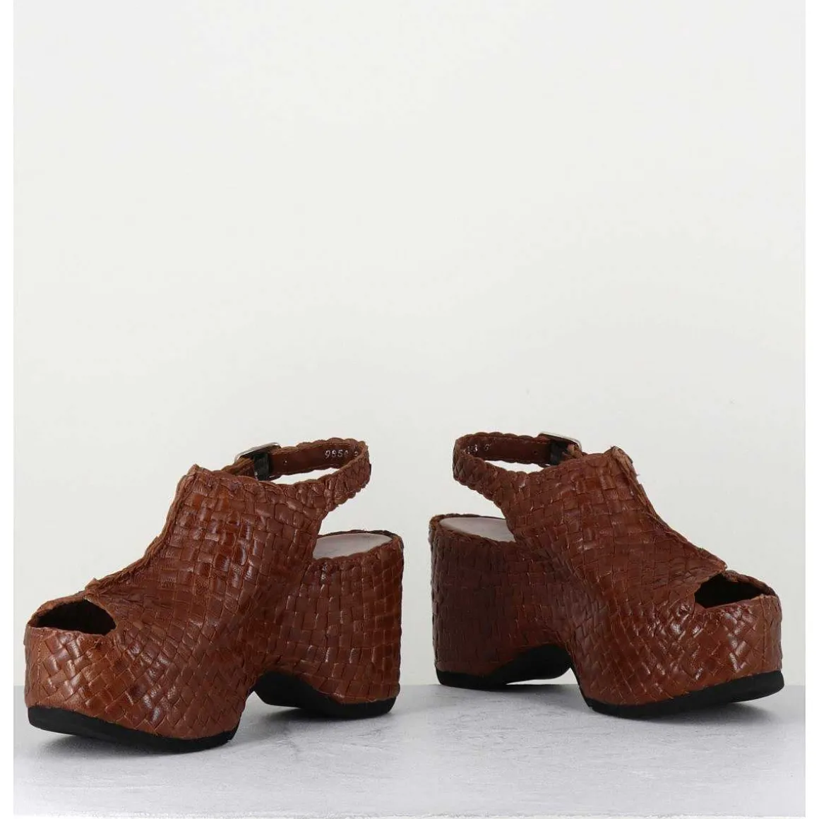 Sandales Compensees En Cuir Marron Tresse - Posi23 Brown