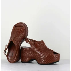 Sandales Compensees En Cuir Marron Tresse - Posi23 Brown