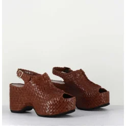 Sandales Compensees En Cuir Marron Tresse - Posi23 Brown