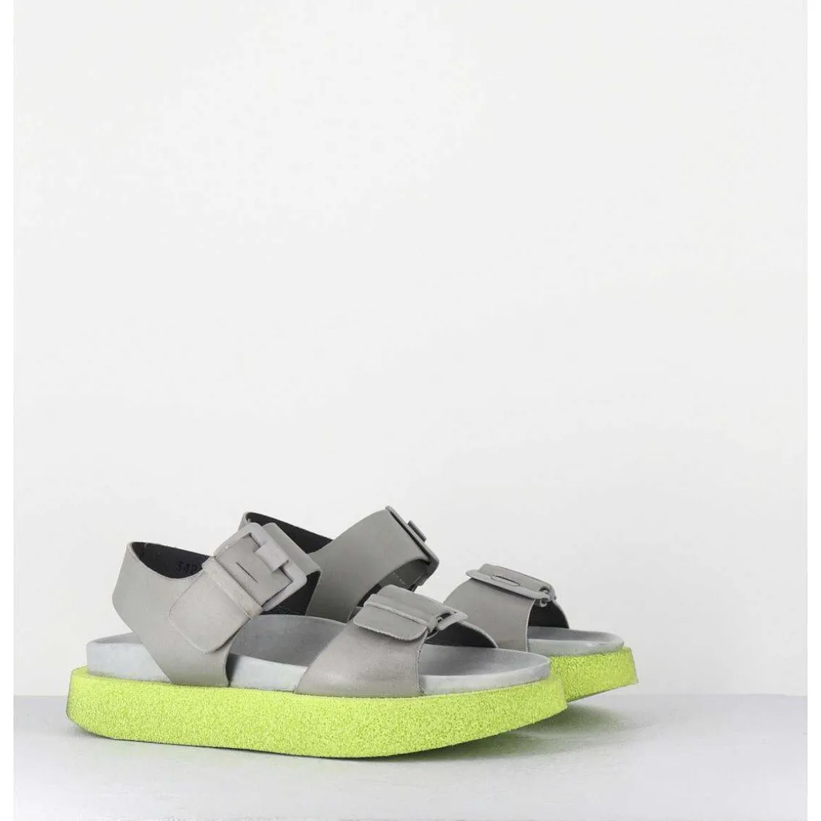 Sandales Double-Boucles En Cuir Gris & Micro Jaune - 3424 Perla Akoy
