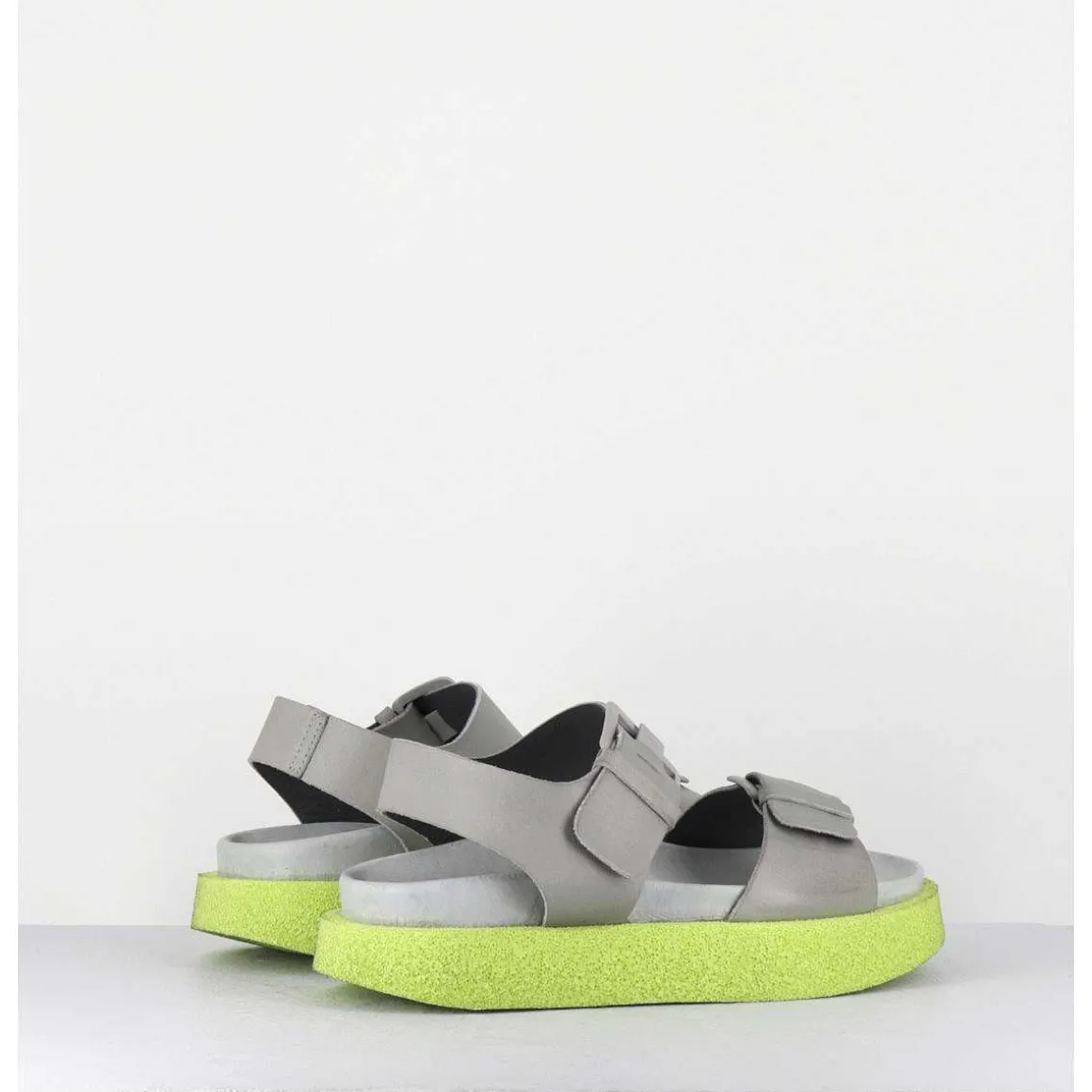 Sandales Double-Boucles En Cuir Gris & Micro Jaune - 3424 Perla Akoy