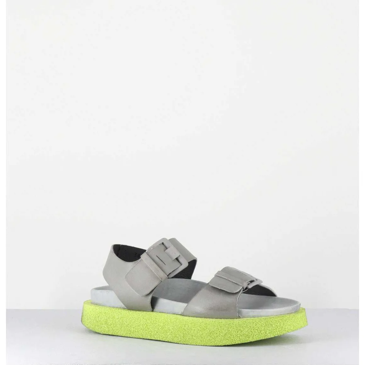 Sandales Double-Boucles En Cuir Gris & Micro Jaune - 3424 Perla Akoy