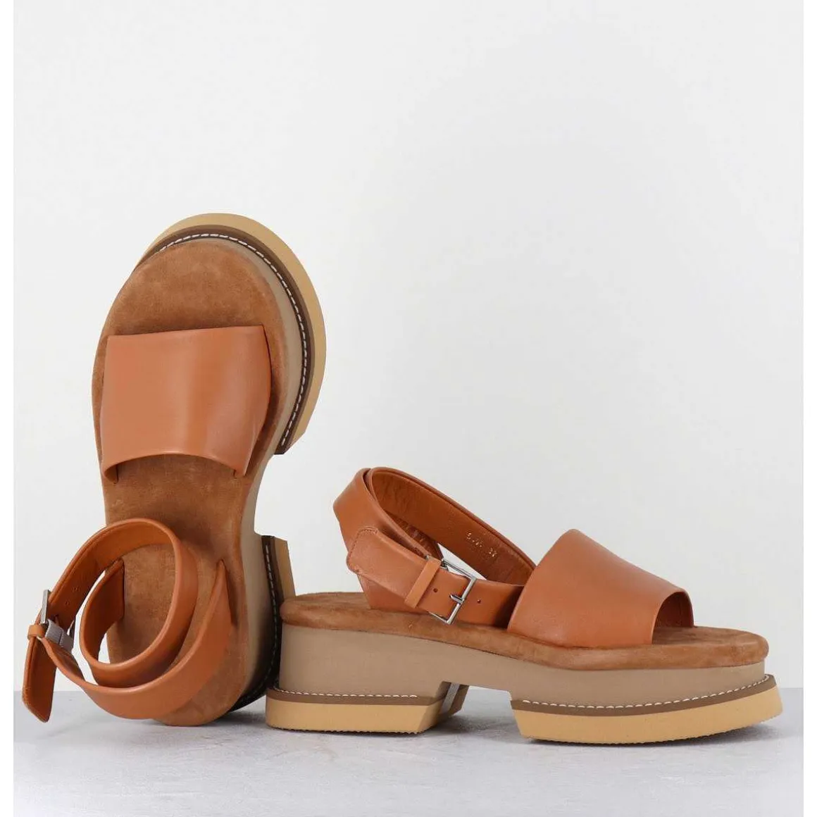Sandales En Cuir Camel Semelle Bloc Legere - Filate Longan