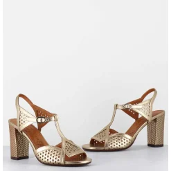 Sandales En Cuir Cannele Dore Talon Haut - Bessy Dali Champan