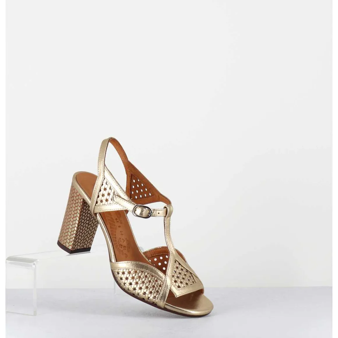 Sandales En Cuir Cannele Dore Talon Haut - Bessy Dali Champan