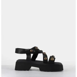 Sandales En Cuir Noir & Rivets Bronze - Vizua Nero