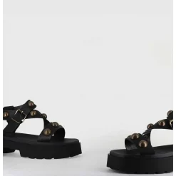Sandales En Cuir Noir & Rivets Bronze - Vizua Nero