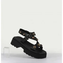Sandales En Cuir Noir & Rivets Bronze - Vizua Nero