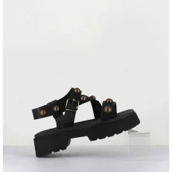 Sandales En Cuir Noir & Rivets Bronze - Vizua Nero