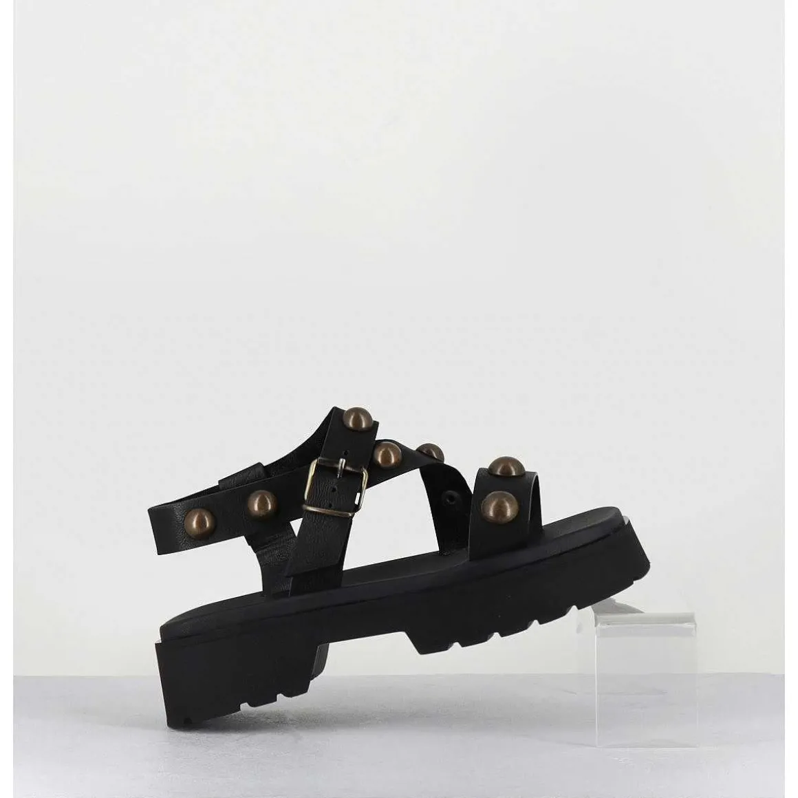 Sandales En Cuir Noir & Rivets Bronze - Vizua Nero
