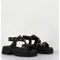 Sandales En Cuir Noir & Rivets Bronze - Vizua Nero
