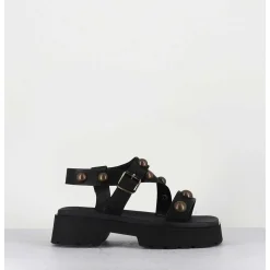 Sandales En Cuir Noir & Rivets Bronze - Vizua Nero