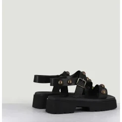 Sandales En Cuir Noir & Rivets Bronze - Vizua Nero