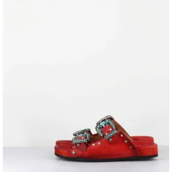 Sandales En Cuir Rouge Boucles & Pierres - 3532Mod Rosso