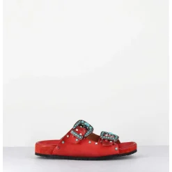 Sandales En Cuir Rouge Boucles & Pierres - 3532Mod Rosso