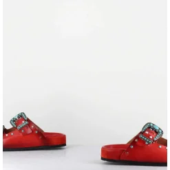 Sandales En Cuir Rouge Boucles & Pierres - 3532Mod Rosso