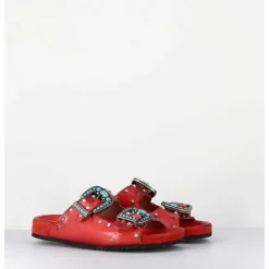 Sandales En Cuir Rouge Boucles & Pierres - 3532Mod Rosso