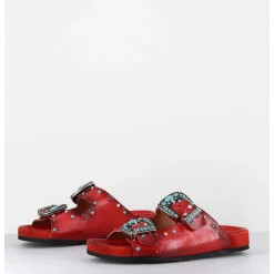 Sandales En Cuir Rouge Boucles & Pierres - 3532Mod Rosso