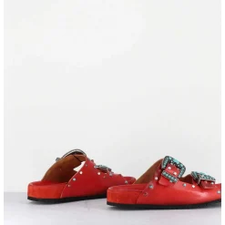 Sandales En Cuir Rouge Boucles & Pierres - 3532Mod Rosso