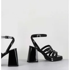 Sandales Multi-Brides A Plateforme En Cuir Vernis Noir - Minate Vernice Nero