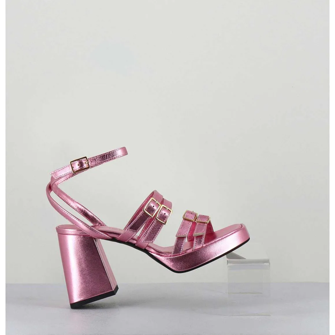 Sandales Multi-Brides A Plateforme Cuir Metallise Rose - Minate Laminato Ninfea