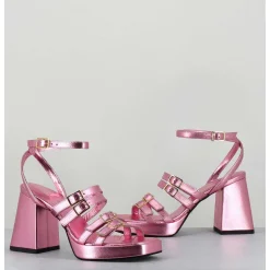 Sandales Multi-Brides A Plateforme Cuir Metallise Rose - Minate Laminato Ninfea