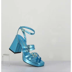 Sandales Multi-Brides A Plateforme Cuir Metallise Bleu - Minate Laminato Celeste