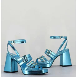Sandales Multi-Brides A Plateforme Cuir Metallise Bleu - Minate Laminato Celeste