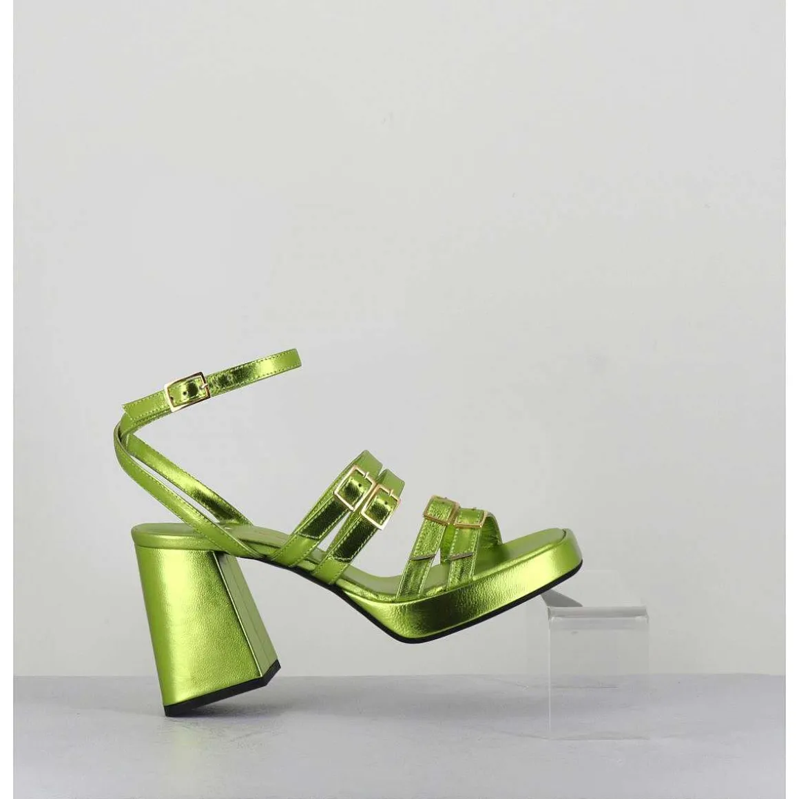 Sandales Multi-Brides A Plateforme Cuir Metallise Vert - Minate Laminato Acid