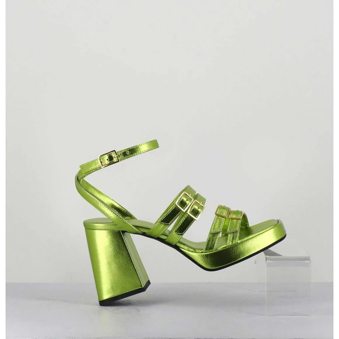 Sandales Multi-Brides A Plateforme Cuir Metallise Vert - Minate Laminato Acid