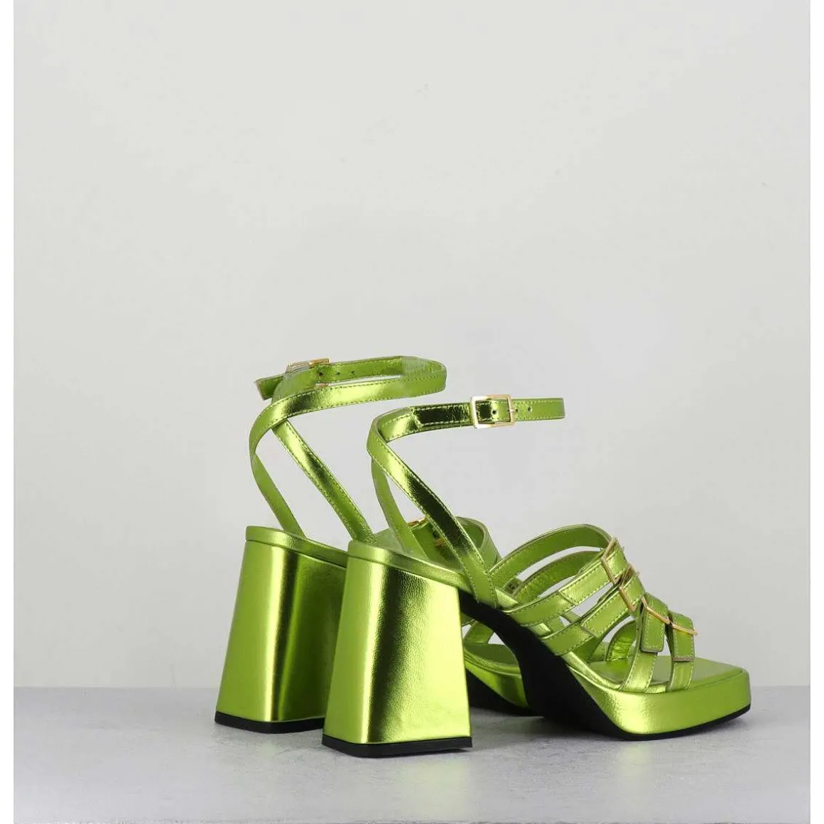 Sandales Multi-Brides A Plateforme Cuir Metallise Vert - Minate Laminato Acid