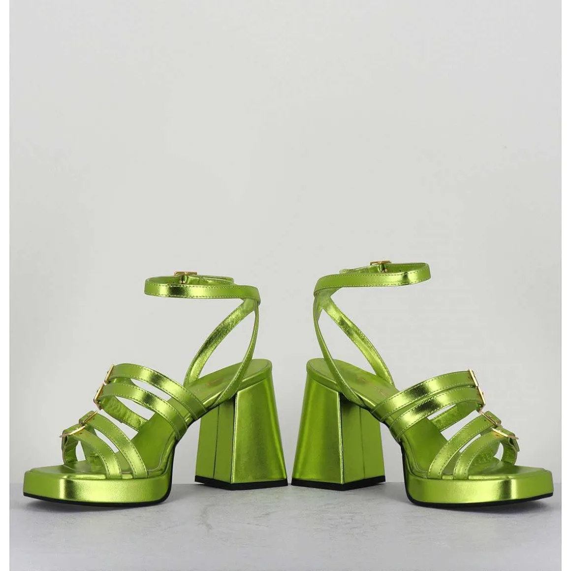 Sandales Multi-Brides A Plateforme Cuir Metallise Vert - Minate Laminato Acid