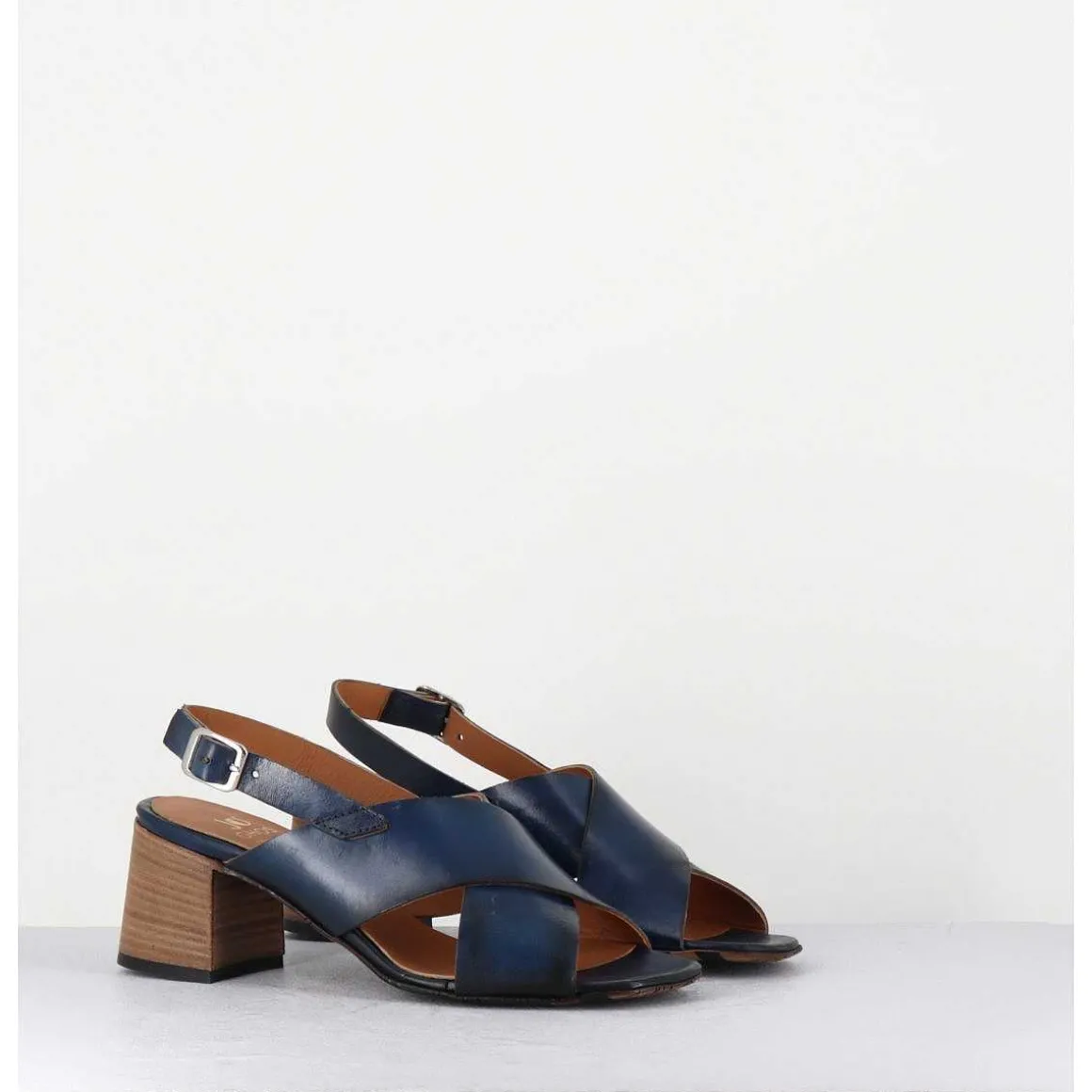 Sandales Petit Talon En Cuir Bleu - 3162 Blu