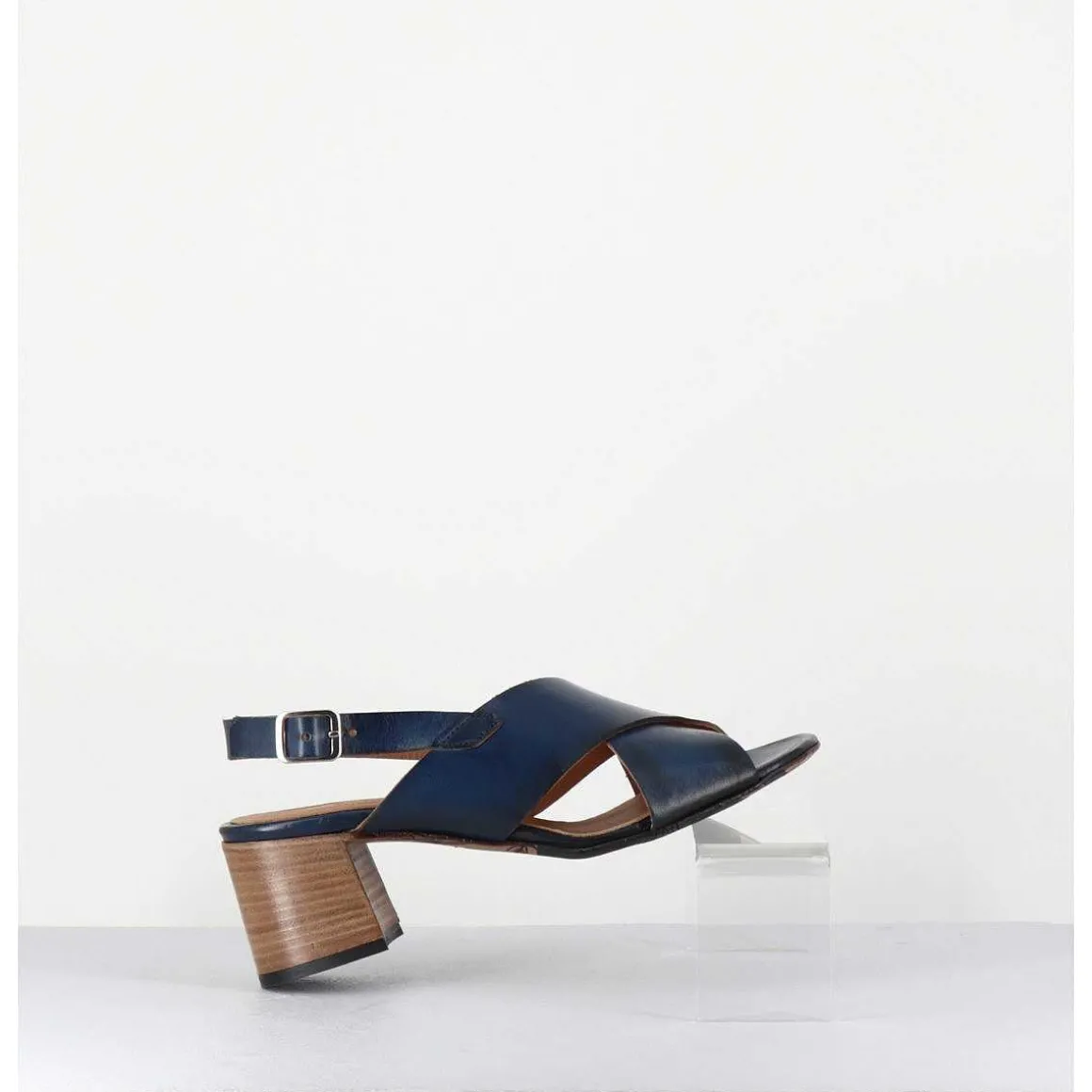 Sandales Petit Talon En Cuir Bleu - 3162 Blu