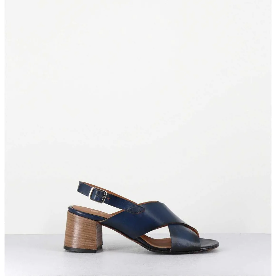 Sandales Petit Talon En Cuir Bleu - 3162 Blu