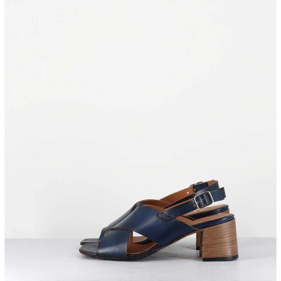 Sandales Petit Talon En Cuir Bleu - 3162 Blu