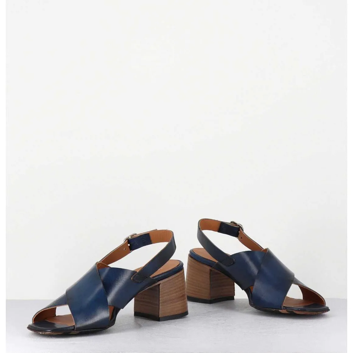Sandales Petit Talon En Cuir Bleu - 3162 Blu